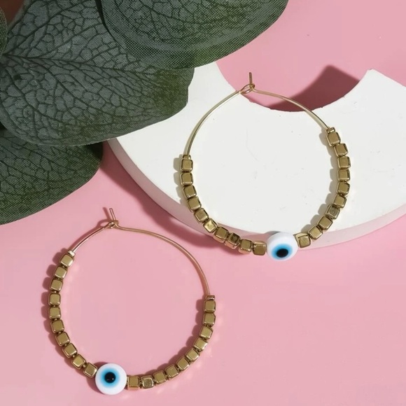 “Sky Blue Evil Eye” Devil’s Eye Nazar Protection Talisman Cube Square Bead Hoops - Picture 3 of 8
